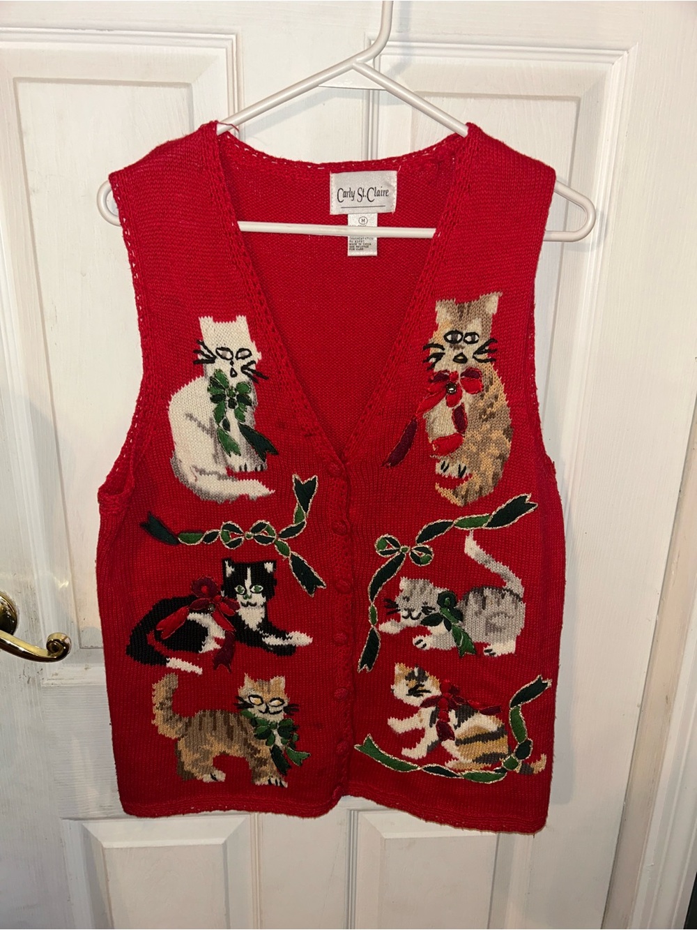 Vintage Carly St. Claire Red Cat Holiday Knit Vest